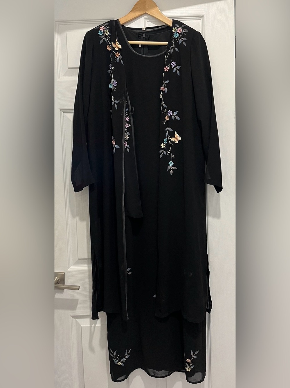 Black Floral-Embroidered Long Dress